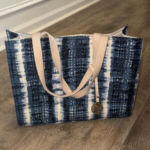 Spartina 449 Blue Tie Dye Ikat Canvas Tote Bag Shoulder Bag Gold Logo